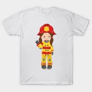 Girl Fireman, Female Firefighter, Brown Hair T-Shirt